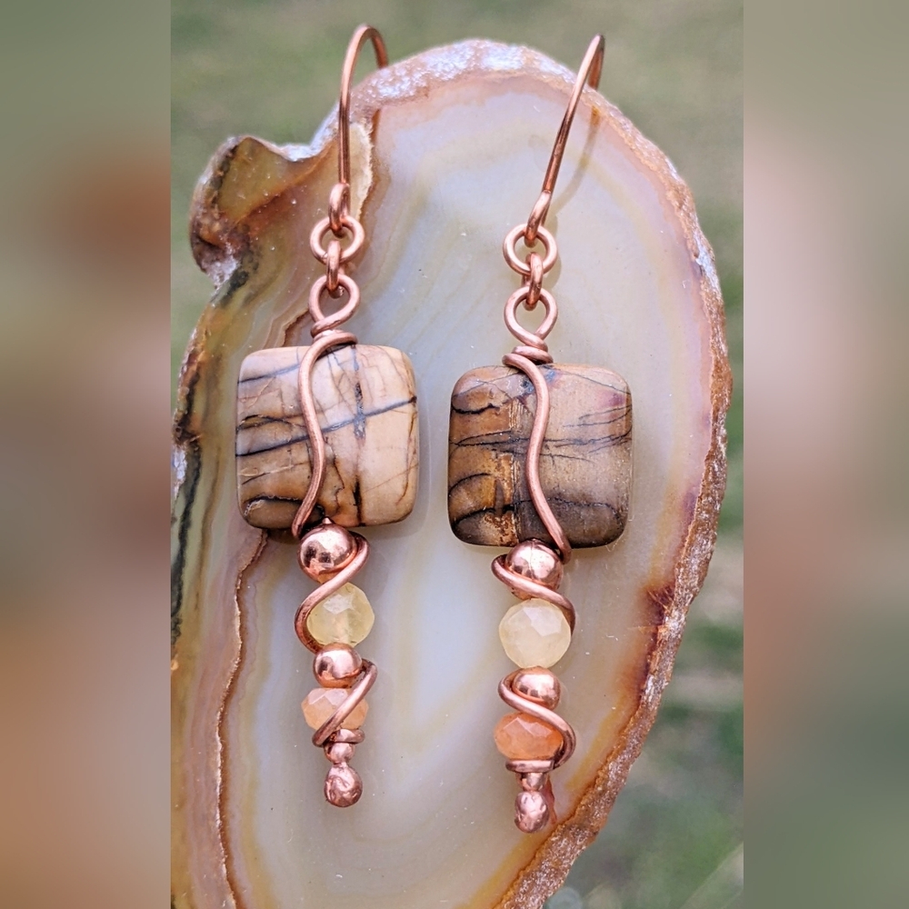 Desert Vibes Jasper Earrings Artisan Copper Wire Wrapped Design - Picture 11 of 12